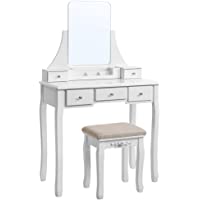 VASAGLE Tocador moderno- Mesa de Maquillaje en MDF y Pino- con Espejo sin Marco- con Caja Móvil- Taburete de Madera de…